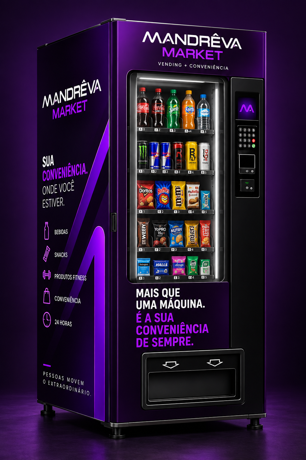 Vending machine MANDRÊVA MARKET com bebidas, snacks e produtos fitness para compra em autosserviço.